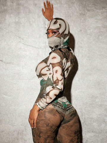 Women's Skull Pattern Sheer Mesh Bodysuit Jumpsuit