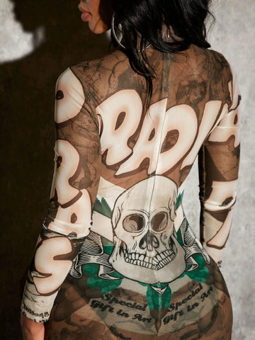Women's Skull Pattern Sheer Mesh Bodysuit Jumpsuit