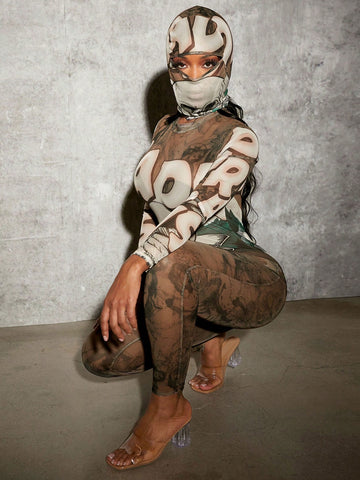 Women's Skull Pattern Sheer Mesh Bodysuit Jumpsuit