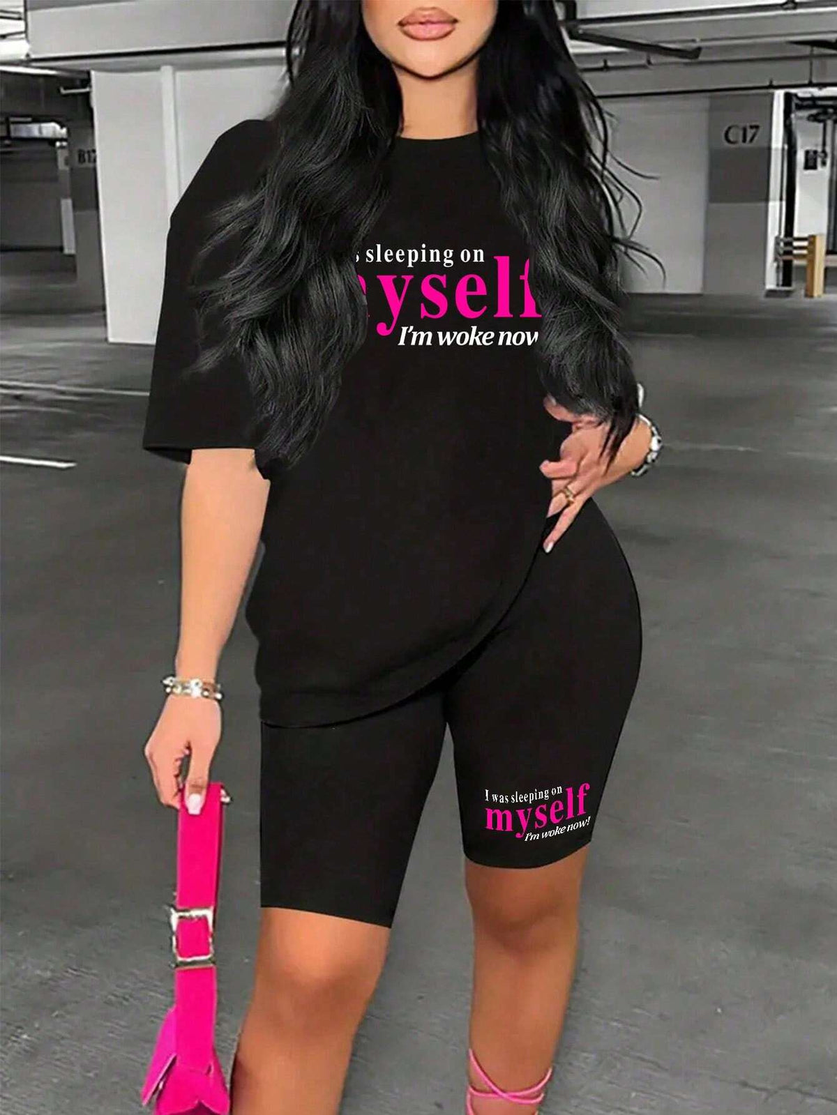 Women's Slogan Printed Drop Shoulder T-Shirt And Cycling Shorts Set