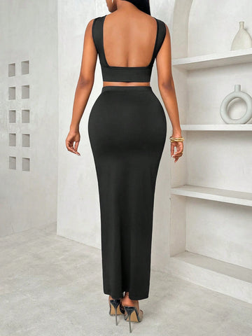 Women's Solid Color Backless Off Shoulder Top And Skirt, Elegant 2pcs Set For Summer
