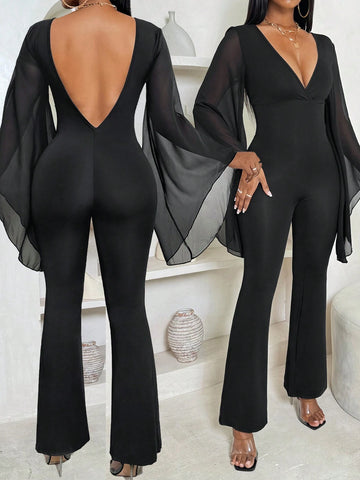 Women's Solid Color Black Backless Bodycon Long Sleeve Jumpsuit