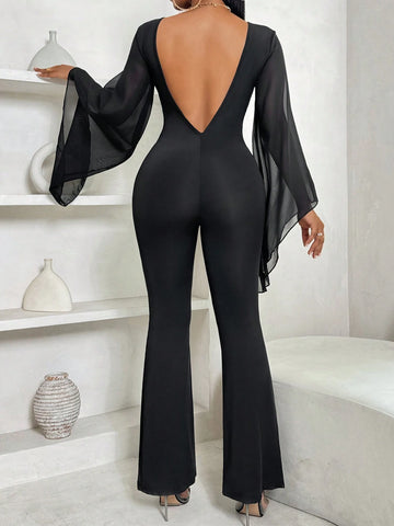 Women's Solid Color Black Backless Bodycon Long Sleeve Jumpsuit