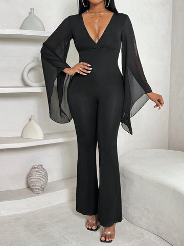 Women's Solid Color Black Backless Bodycon Long Sleeve Jumpsuit