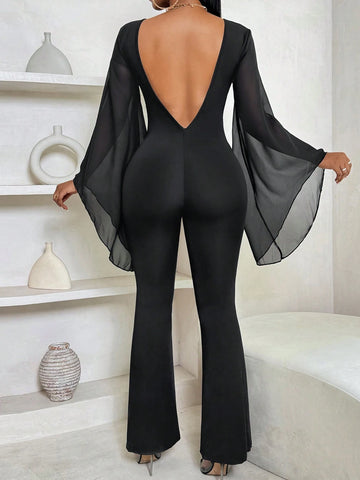 Women's Solid Color Black Backless Bodycon Long Sleeve Jumpsuit