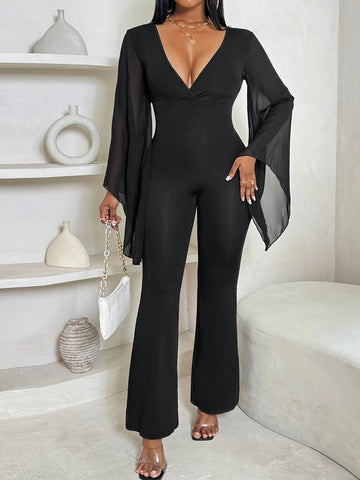 Women's Solid Color Black Backless Bodycon Long Sleeve Jumpsuit