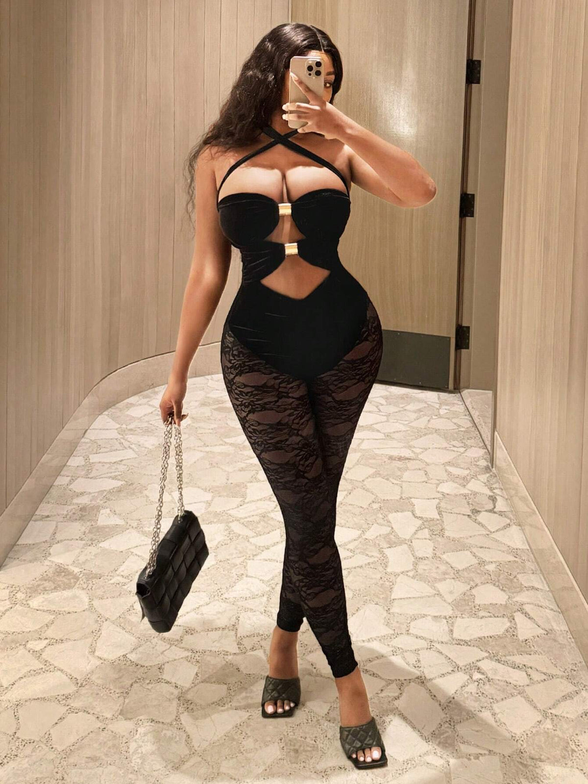 Women's Solid Color Contrast Lace Sexy Tight Jumpsuit