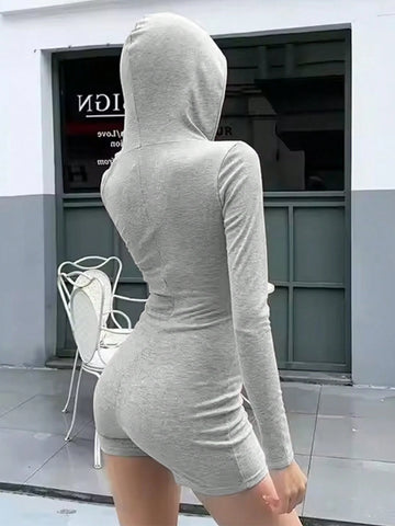 Women's Solid Color Front Button Hooded Collar Long Sleeve Form-Fitting Jumpsuit
