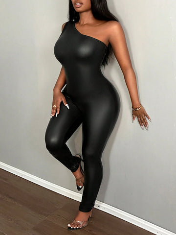 Women's Solid Color PU Leather Sleeveless Bodycon Jumpsuit, Summer