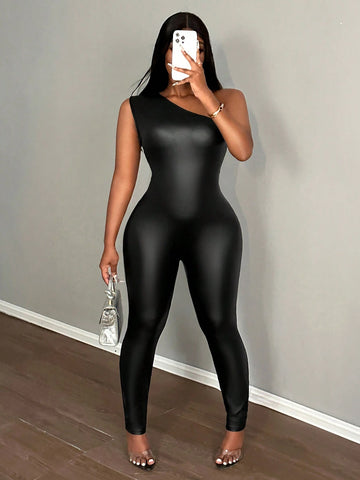 Women's Solid Color PU Leather Sleeveless Bodycon Jumpsuit, Summer