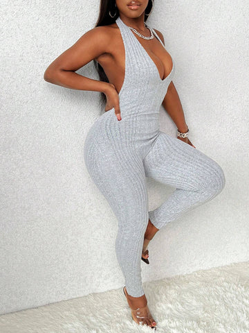 Women's Solid Color Ribbed Halter Neck Skinny Jumpsuit