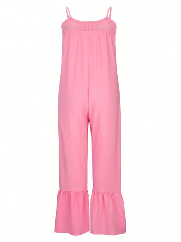 Women's Solid Color Ruffle Hem Sleeveless Jumpsuit With Spaghetti Straps, Summer
