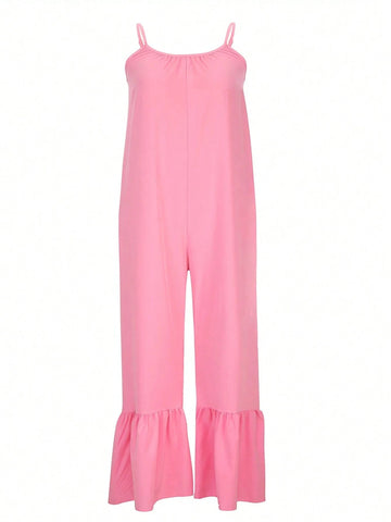 Women's Solid Color Ruffle Hem Sleeveless Jumpsuit With Spaghetti Straps, Summer