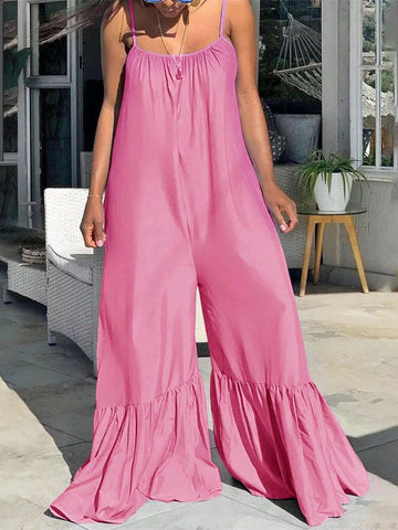 Women's Solid Color Ruffle Hem Sleeveless Jumpsuit With Spaghetti Straps, Summer