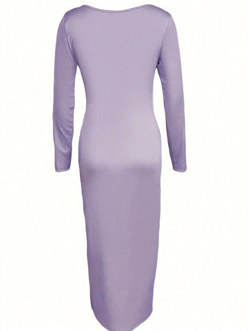 Women's Solid Color Scoop Neck Long Sleeve Bodycon Summer Dress