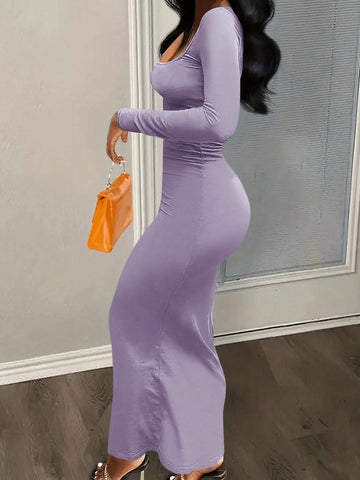 Women's Solid Color Scoop Neck Long Sleeve Bodycon Summer Dress