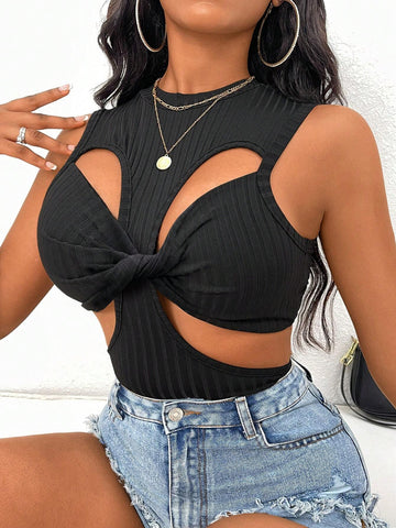 Women's Solid Color Simple Hollow Out Bodysuit For Daily Wear