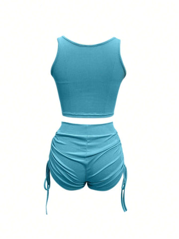 Women's Solid Color Simple Summer 2pcs Set: Spaghetti Strap Top And Drawstring Shorts