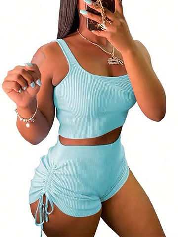 Women's Solid Color Simple Summer 2pcs Set: Spaghetti Strap Top And Drawstring Shorts
