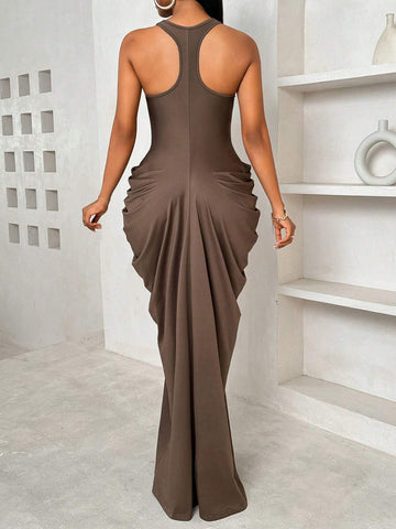 Women's Solid Color Sleeveless Pleated Shoulder Casual Summer Dress