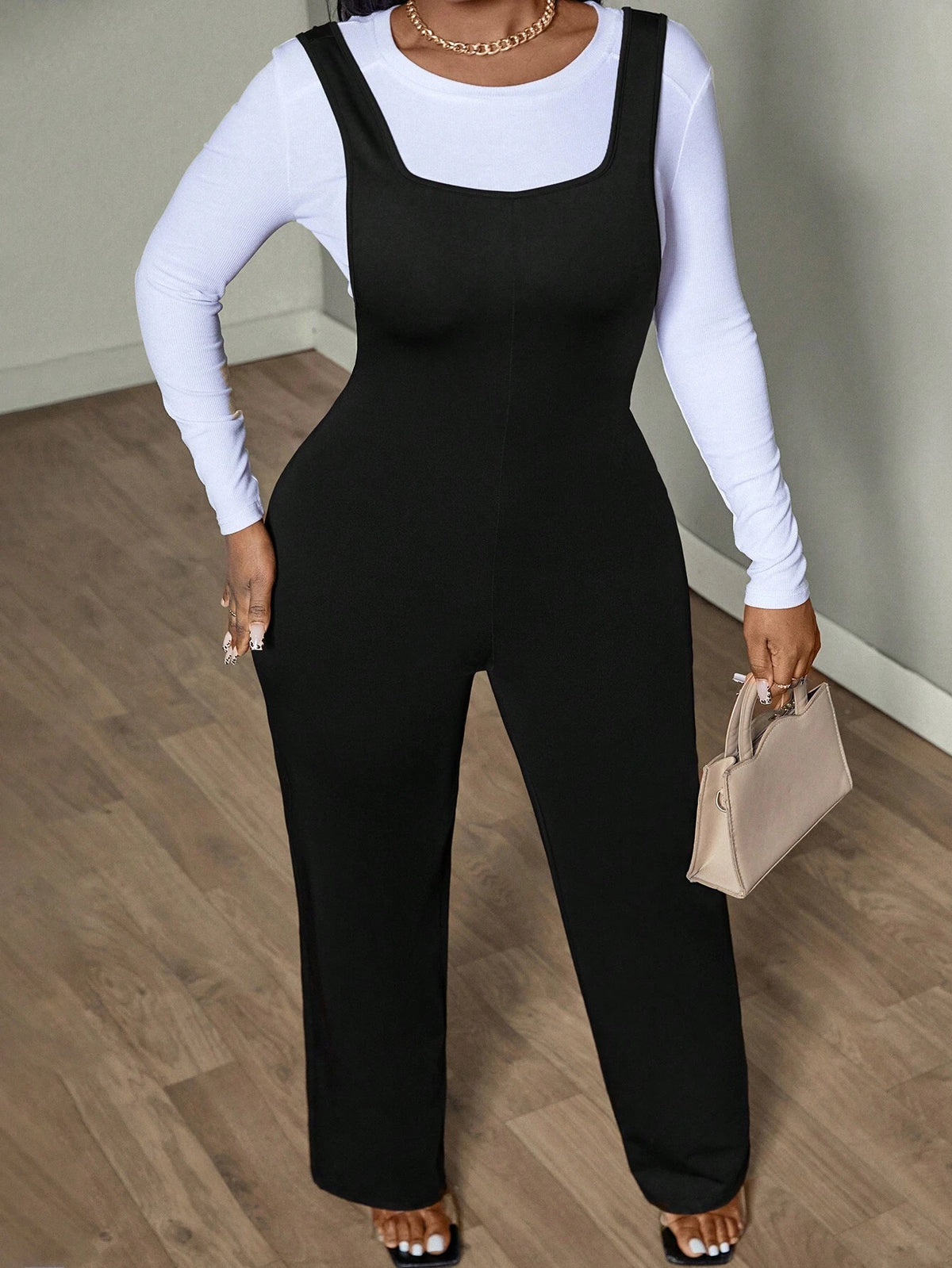 Women's Solid Color Straight Leg Casual Dungaree Jumpsuit