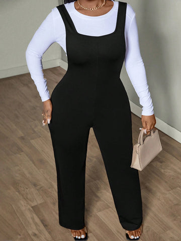 Women's Solid Color Straight Leg Casual Dungaree Jumpsuit