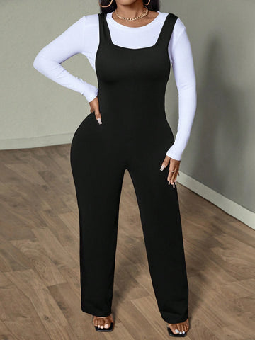 Women's Solid Color Straight Leg Casual Dungaree Jumpsuit