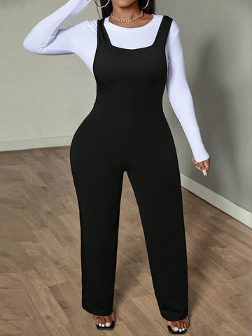 Women's Solid Color Straight Leg Casual Dungaree Jumpsuit