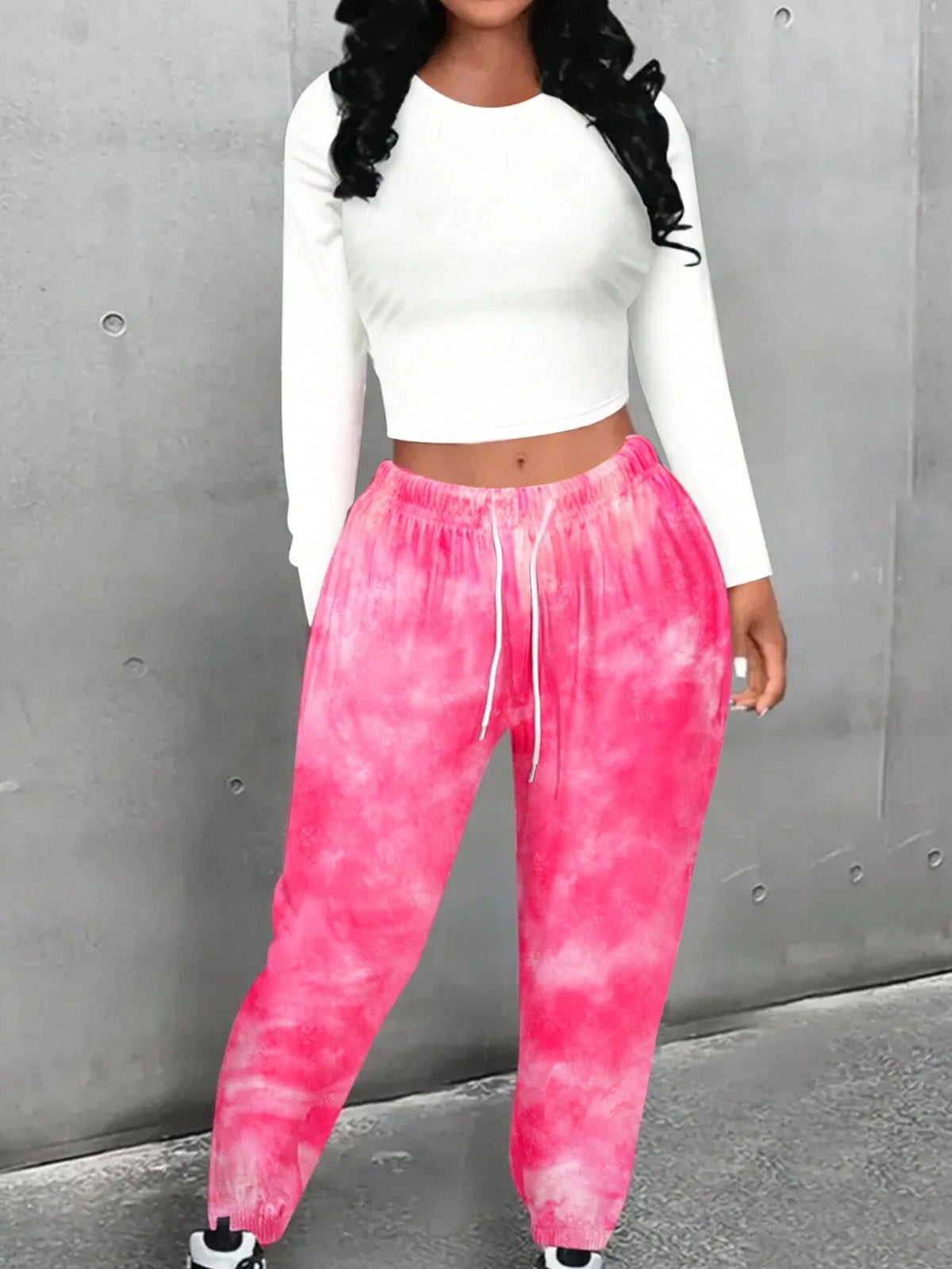 Women's Solid Color Top & Tie-Dye Pants Two Piece Set