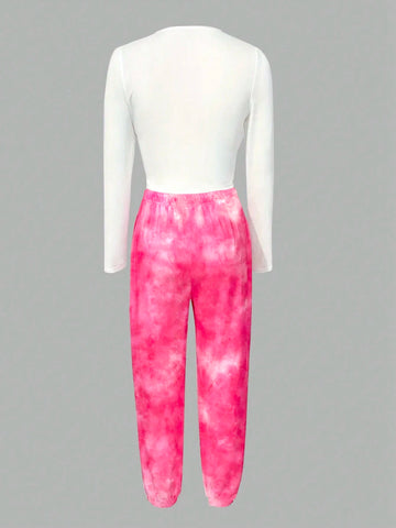 Women's Solid Color Top & Tie-Dye Pants Two Piece Set