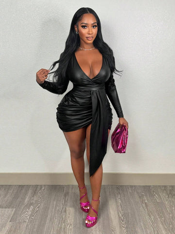 Women's Solid Color V-Neck Long Sleeve Slim Fitted PU Bodycon Dress SKU: sz2407253076166626