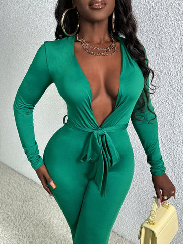 Women's Solid Color V-neck Flare Leg Jumpsuit