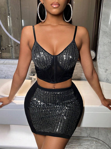 Women's Sparkle Sequin Patchwork Elastic Knit Cami Top And Skirt Set