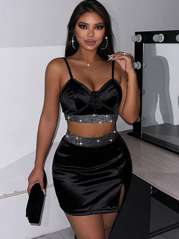 Women's Sparkling Sequin Splice Cami Top And Skirt Set