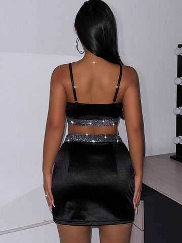 Women's Sparkling Sequin Splice Cami Top And Skirt Set