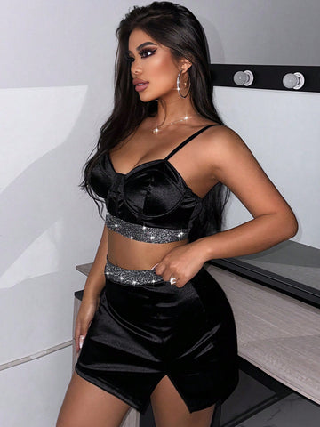 Women's Sparkling Sequin Splice Cami Top And Skirt Set