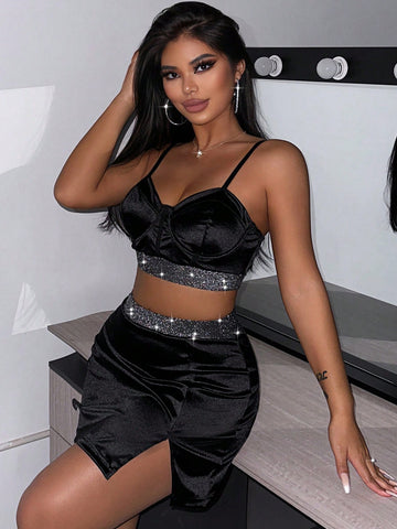 Women's Sparkling Sequin Splice Cami Top And Skirt Set