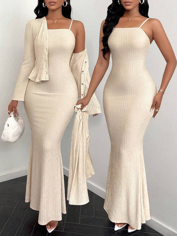 Women's Spring Autumn Solid Color Long Sleeve Single-Breasted Jacket And Fish Tail Strap Dress Elegant Set