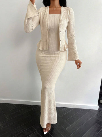 Women's Spring Autumn Solid Color Long Sleeve Single-Breasted Jacket And Fish Tail Strap Dress Elegant Set