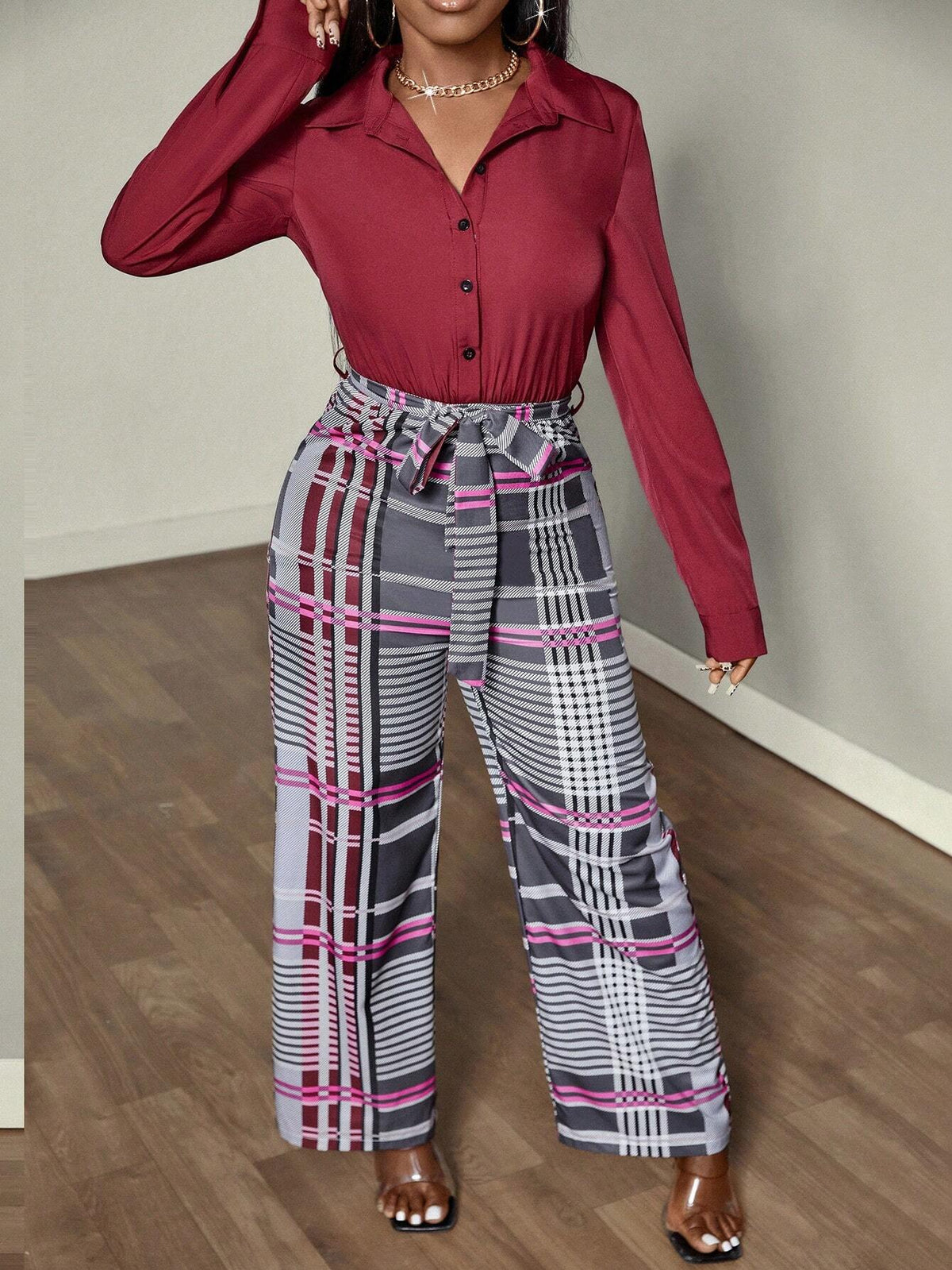 Women's Spring & Summer Plaid Wide Leg Loose Casual Long Sleeve Jumpsuit