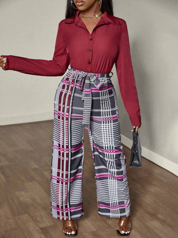 Women's Spring & Summer Plaid Wide Leg Loose Casual Long Sleeve Jumpsuit