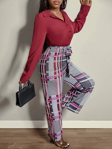 Women's Spring & Summer Plaid Wide Leg Loose Casual Long Sleeve Jumpsuit