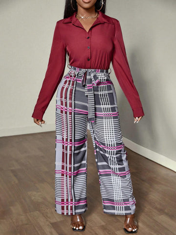 Women's Spring & Summer Plaid Wide Leg Loose Casual Long Sleeve Jumpsuit