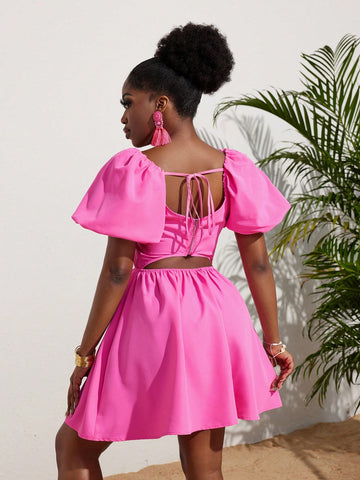 Women's Square Neckline Elegant Vacation Puff Sleeve Mini Dress