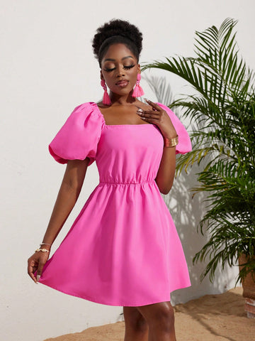 Women's Square Neckline Elegant Vacation Puff Sleeve Mini Dress