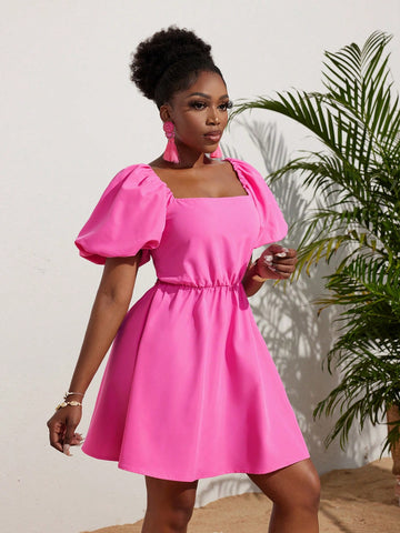 Women's Square Neckline Elegant Vacation Puff Sleeve Mini Dress