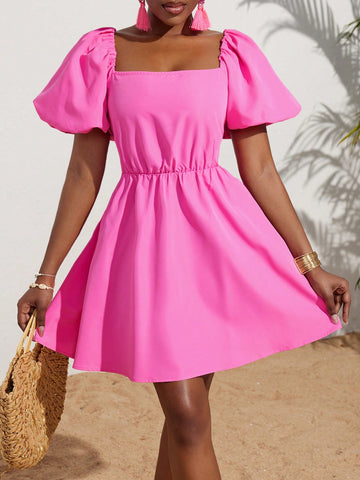 Women's Square Neckline Elegant Vacation Puff Sleeve Mini Dress