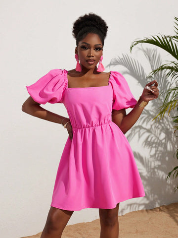 Women's Square Neckline Elegant Vacation Puff Sleeve Mini Dress