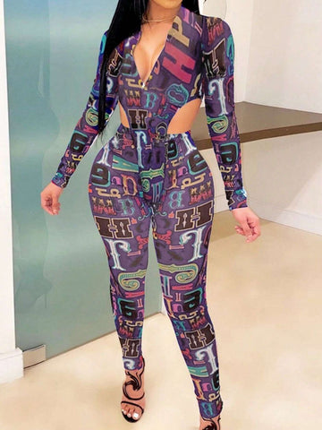 Women's Stand Collar Letter Print Cut Out Waist Tight Jumpsuit