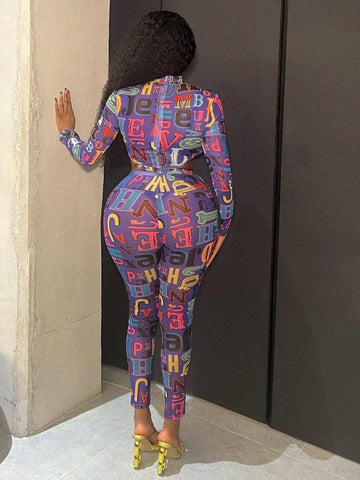 Women's Stand Collar Letter Print Cut Out Waist Tight Jumpsuit